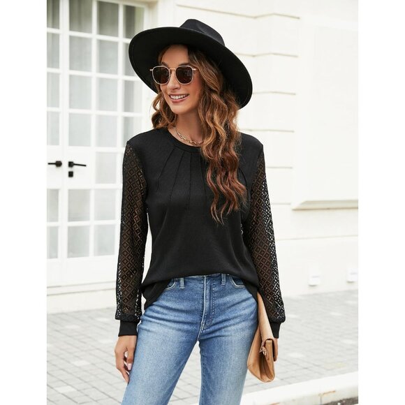 Women's Waffle Knit Tops Dressy Business Casual Blouses Lace Long Sleeve Black - Picture 8 of 8